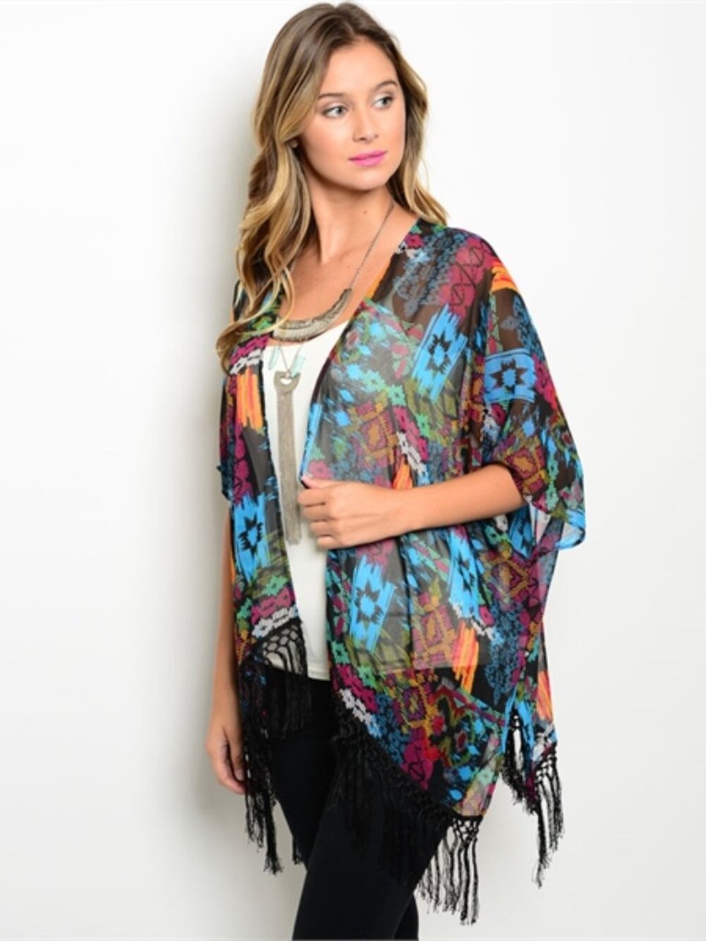 Sheer Shawl Wrap Women Geometric Print Fringe Trim Wide Sleeves, Multi Color, S